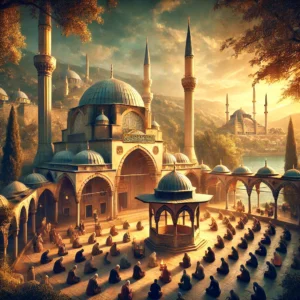 A panoramic view of an iconic Turkish mosque with architectural elements that reflect the rich Islamic heritage, symbolizing pilgrimage as a mindful journey of spiritual transformation.