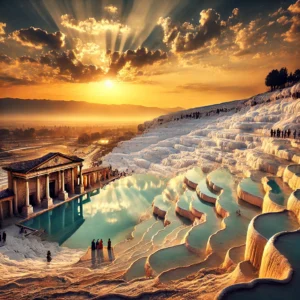 A serene view of a sacred spring with crystal-clear waters flowing through a tranquil landscape, symbolizing natural healing and spiritual rejuvenation