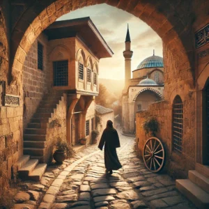 A traveler walking through an ancient cobbled street in Turkey, surrounded by Ottoman-era stone buildings and an old mosque in the background during sunset.