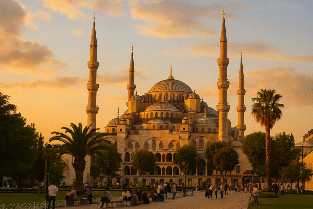 The Blue Mosque in Istanbul during golden hour, surrounded by palm trees and visitors