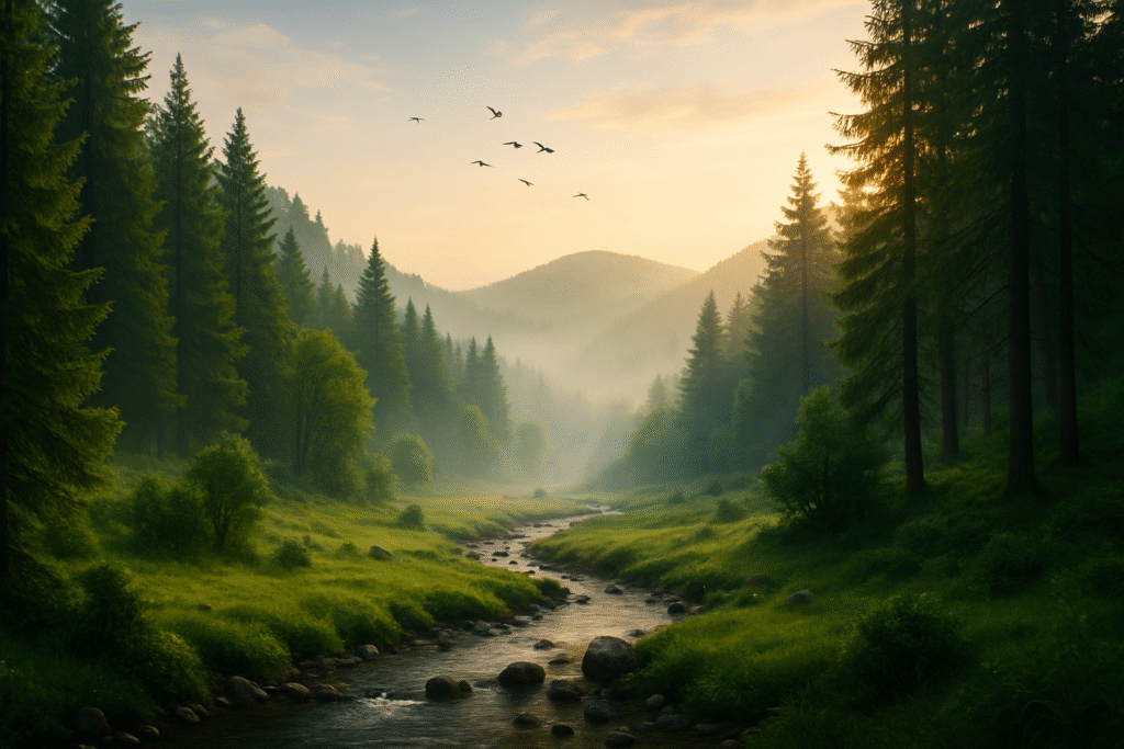 A misty Turkish valley with a gently flowing stream, surrounded by lush pine forests at sunrise