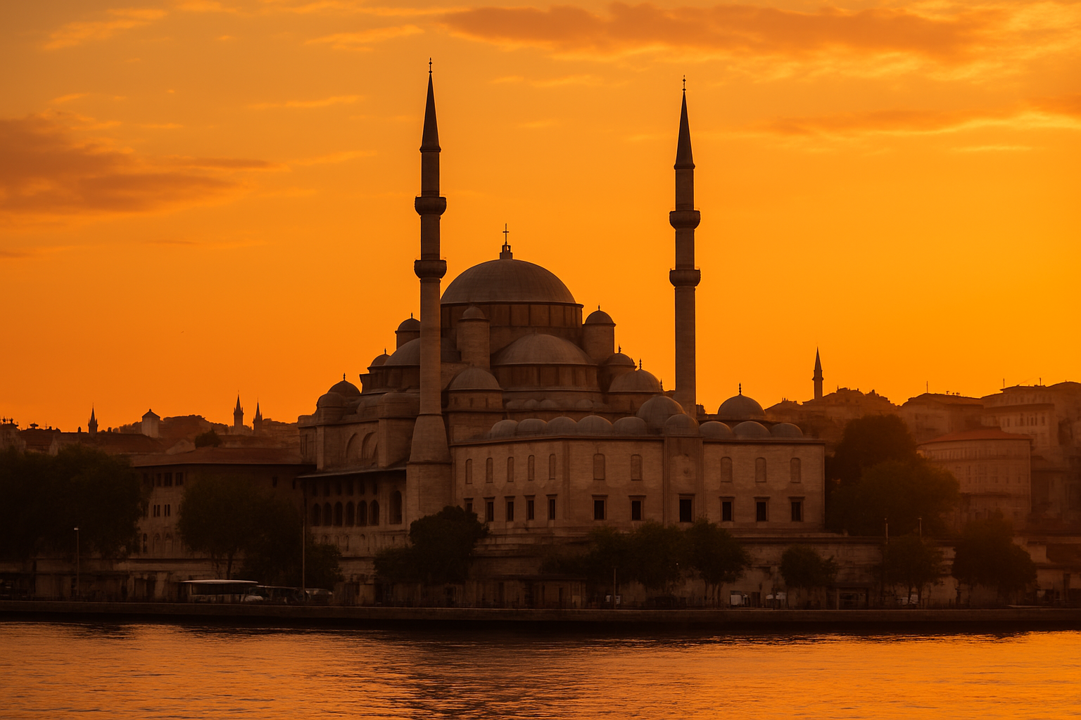 Fatih Mosque in Istanbul at sunset with vibrant orange sky and calm waterfront