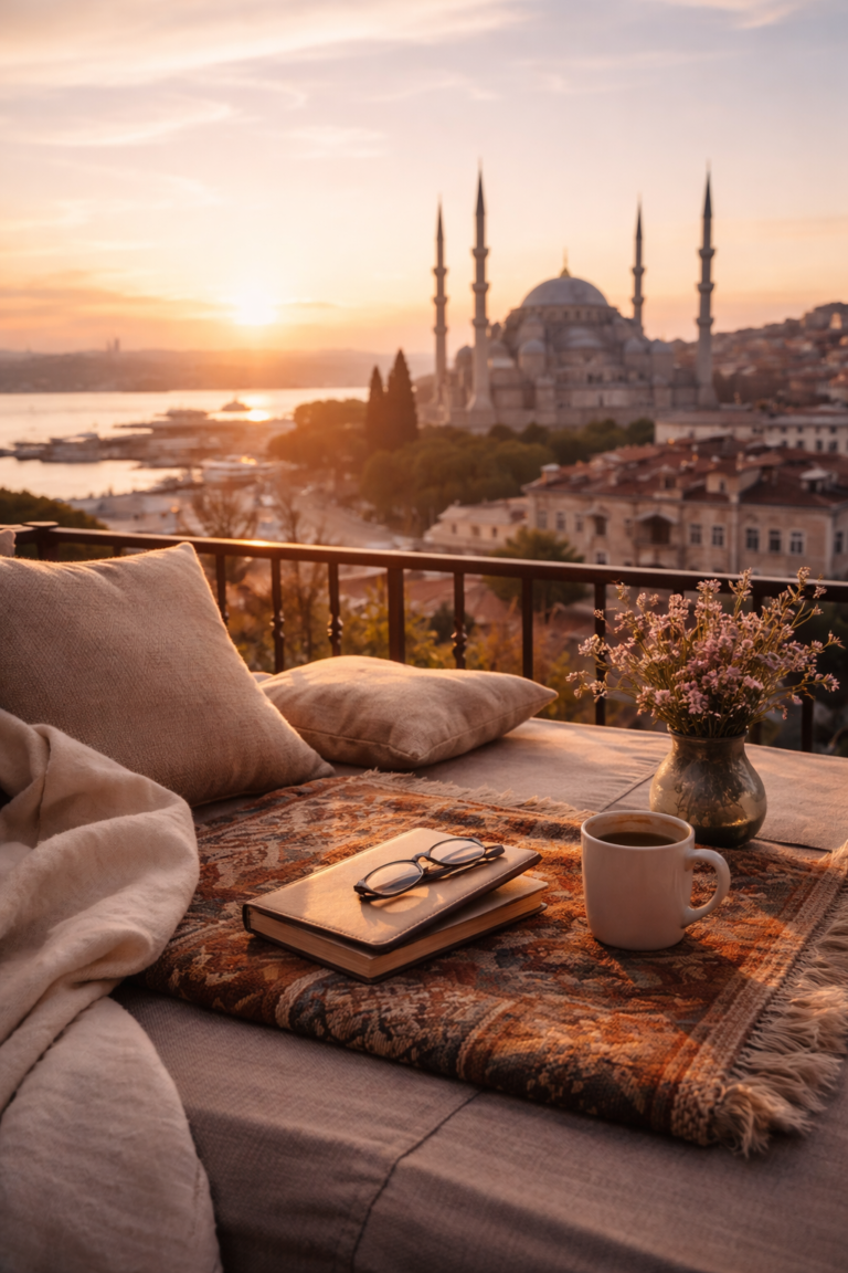 A calm, sunlit view of Istanbul with soft natural light, historic architecture, and a sense of quiet movement, evoking safety, reflection, and healing during travel.